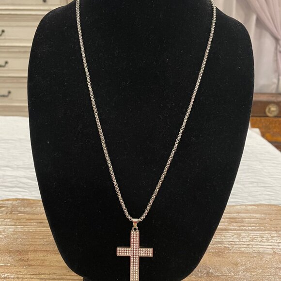 Vintage Silver Tone Rhinestone Crystal Cross Pendant Statement Necklace - Picture 1 of 3